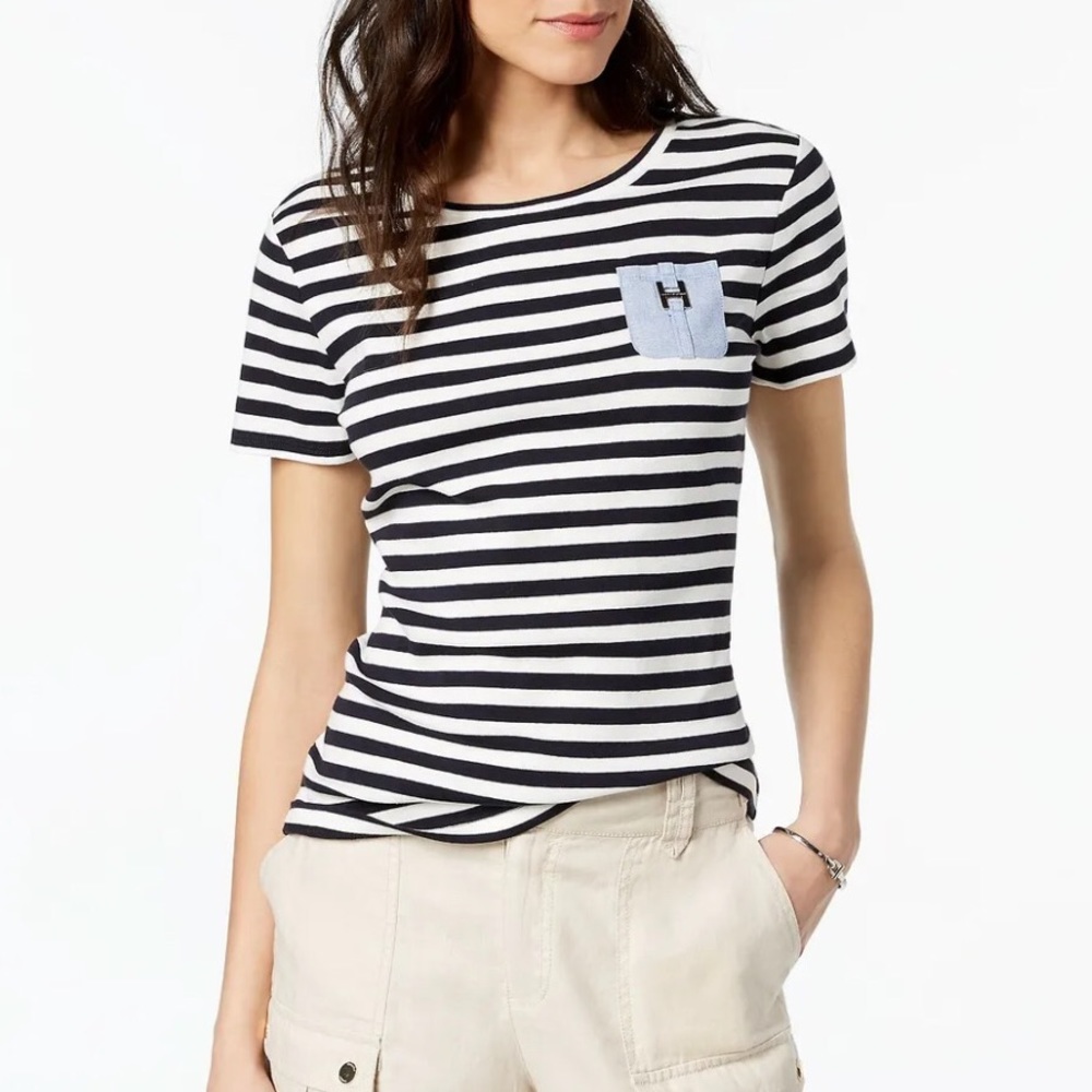 Tommy Hilfiger Women's Striped Cotton Chambray‎ Pocket T-Shirt, Size M